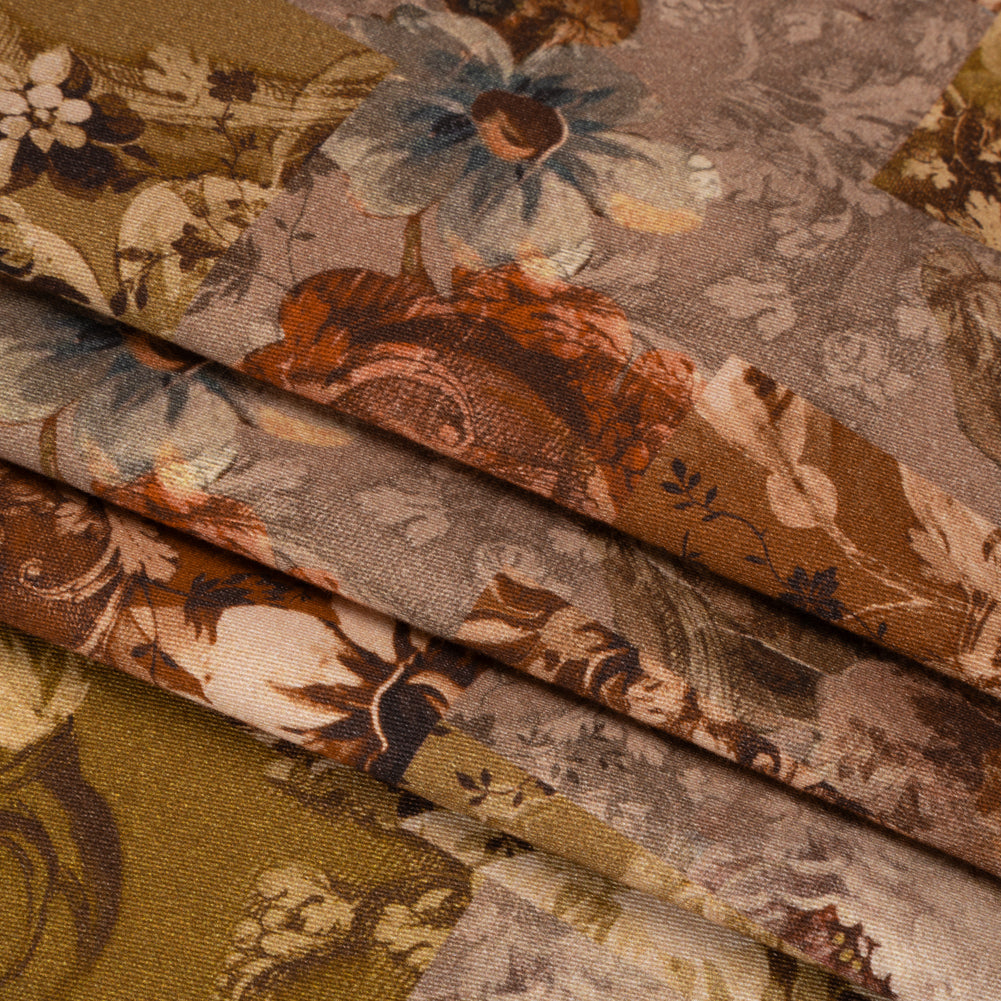 Brushed Stretch Cotton Twill Print - Rust and Olive Floral Patchwork - Mood Exclusive Vintage Vignettes Folded