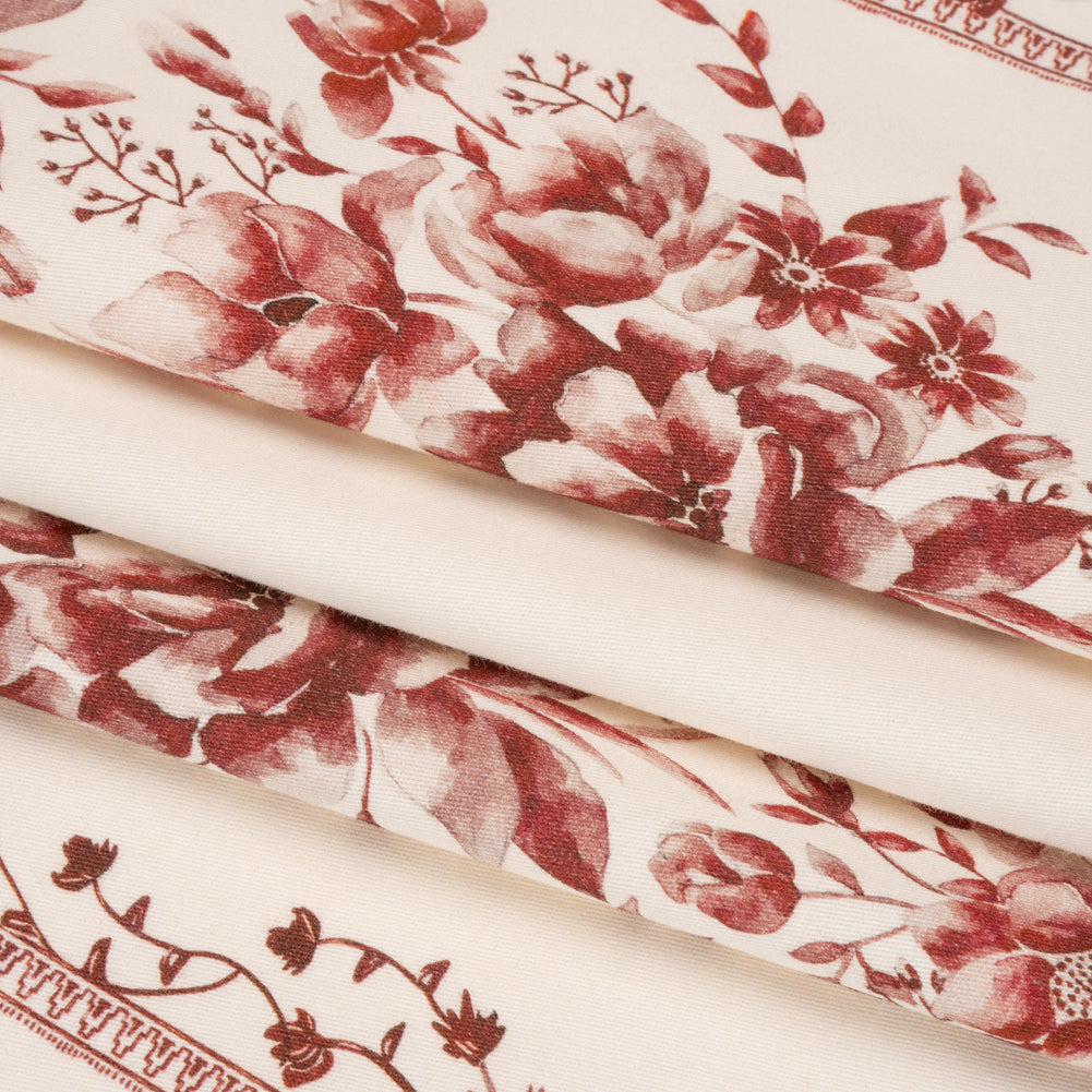 Brushed Stretch Cotton Twill Print - Burgundy and White Floral Stripes - Mood Exclusive Pathway to Paradise Folded