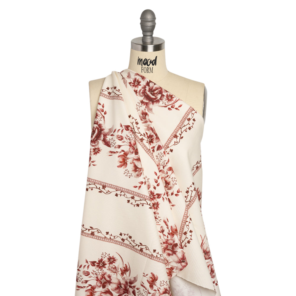 Brushed Stretch Cotton Twill Print - Burgundy and White Floral Stripes - Mood Exclusive Pathway to Paradise Drape