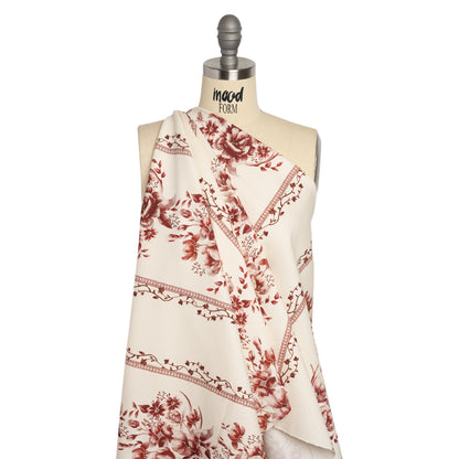Brushed Stretch Cotton Twill Print - Burgundy and White Floral Stripes - Mood Exclusive Pathway to Paradise Drape