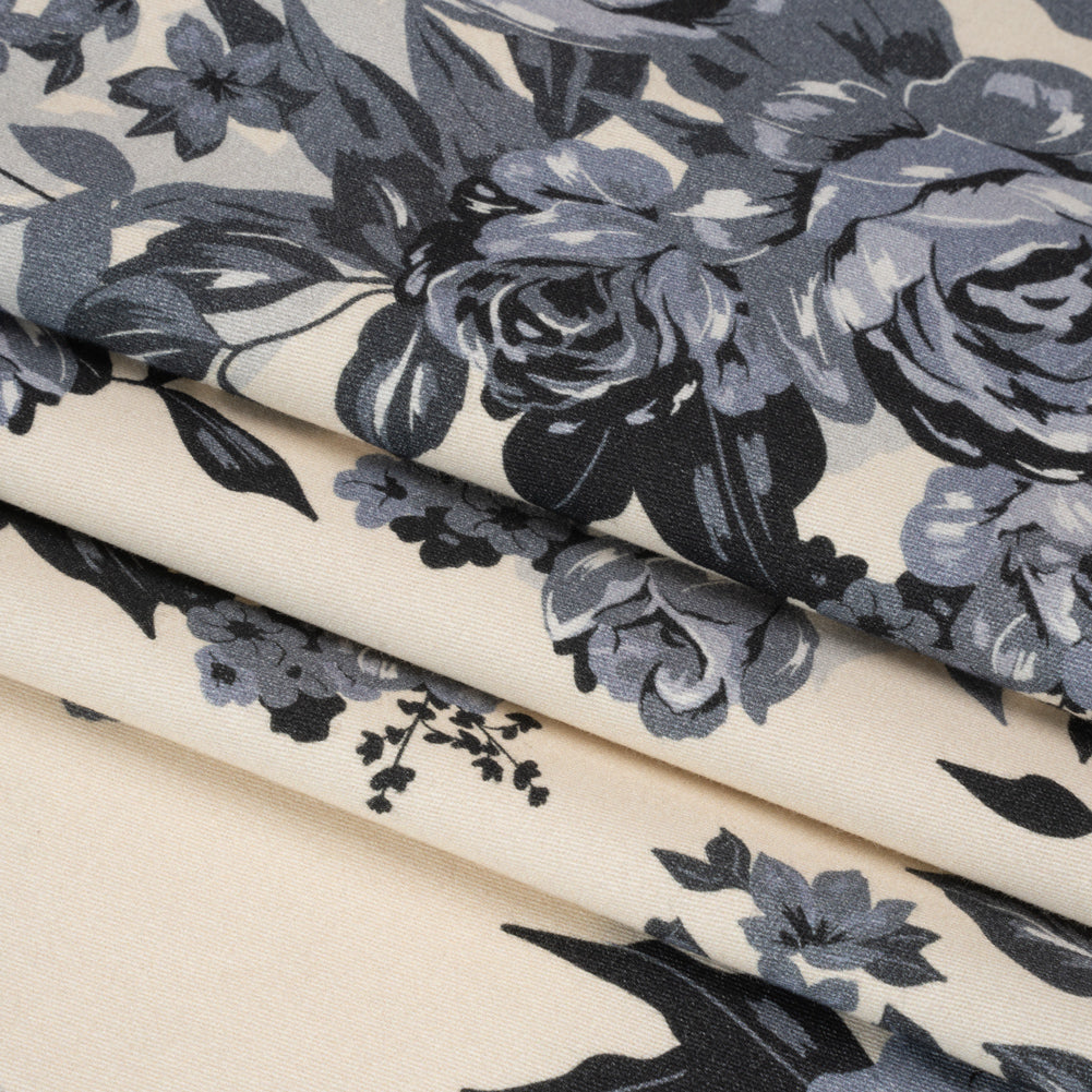 Brushed Stretch Cotton Twill Panel - Blue and Cream Roses - Mood Exclusive Space for Grace Folded