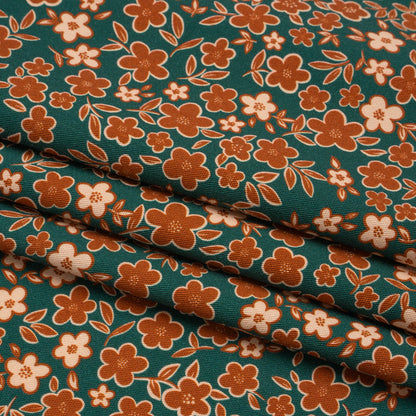 Stretch Cotton Twill Print - Teal, Rust and Peach Floral - Mood Exclusive September Sprouts Folded