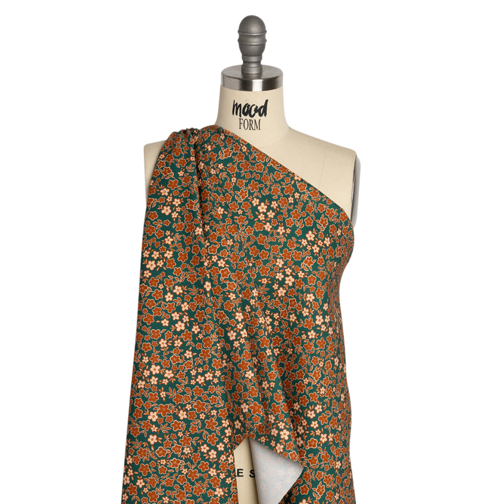Stretch Cotton Twill Print - Teal, Rust and Peach Floral - Mood Exclusive September Sprouts Drape