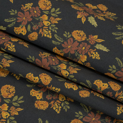 Stretch Cotton Poplin Print - Navy, Rust and Orange Floral - Mood Exclusive Amber Bunches Folded