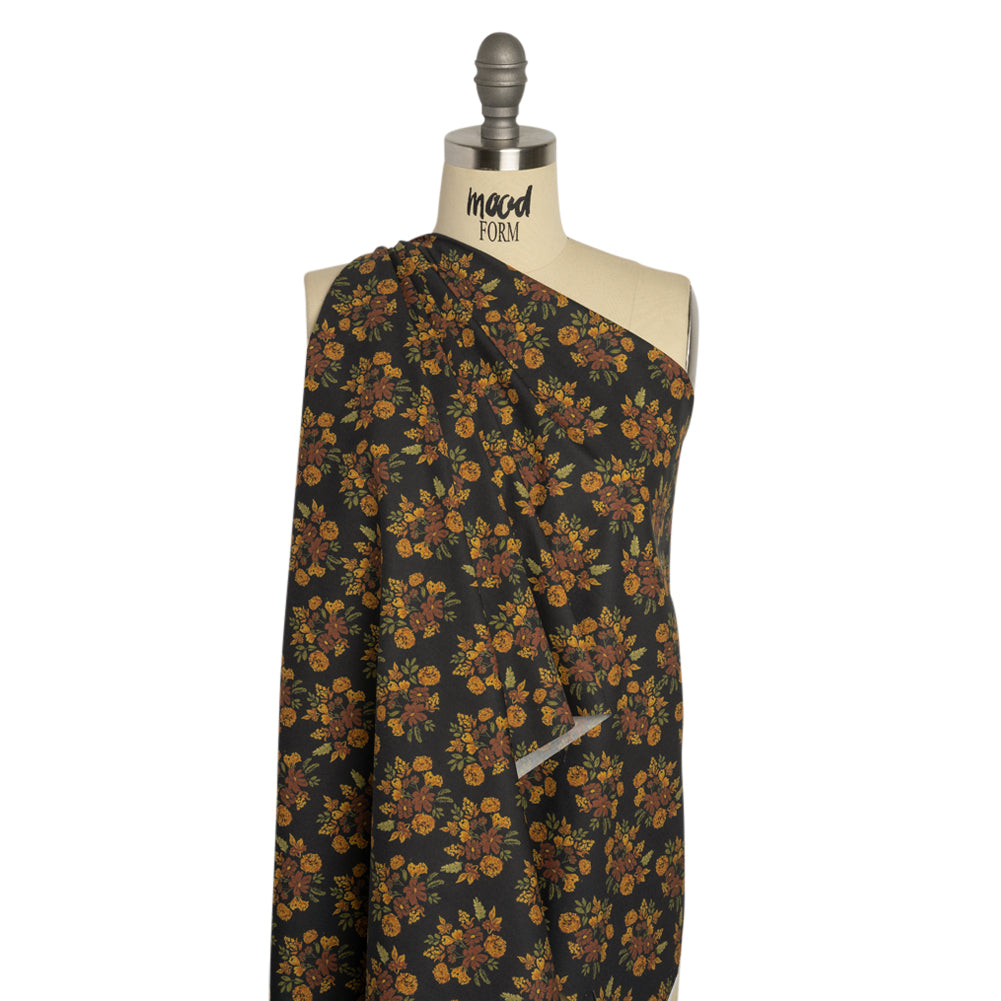 Stretch Cotton Poplin Print - Navy, Rust and Orange Floral - Mood Exclusive Amber Bunches Drape