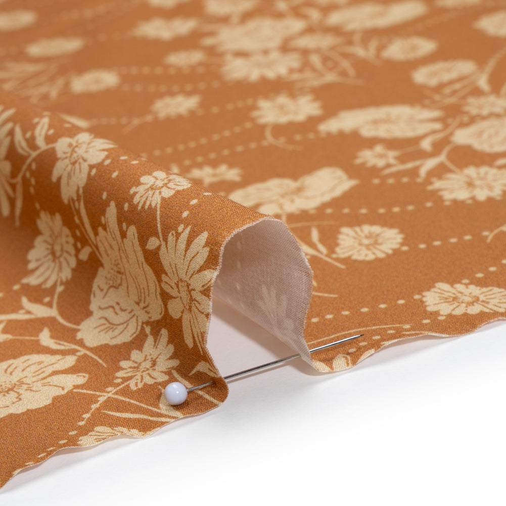 Stretch Cotton Poplin Print - Tan Flowers and Dotted Lines - Mood Exclusive Errands of Bees Detail