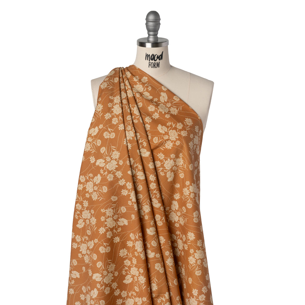 Stretch Cotton Poplin Print - Tan Flowers and Dotted Lines - Mood Exclusive Errands of Bees Drape