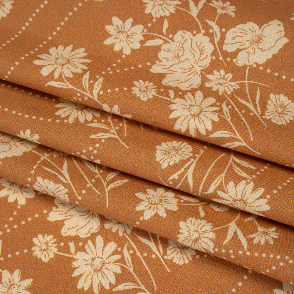Stretch Cotton Poplin Print - Tan Flowers and Dotted Lines - Mood Exclusive Errands of Bees Folded