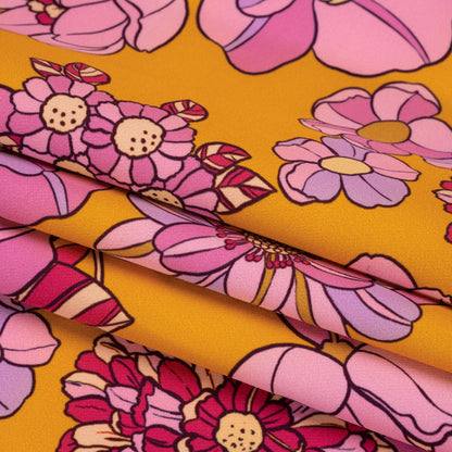 Stretch Polyester Woven Print - Mustart Yellow and Pink Retro Floral - Mood Exclusive Carnation Creative Folded