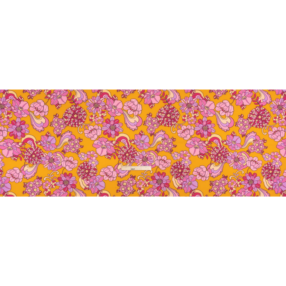 Stretch Polyester Woven Print - Mustart Yellow and Pink Retro Floral - Mood Exclusive Carnation Creative Full