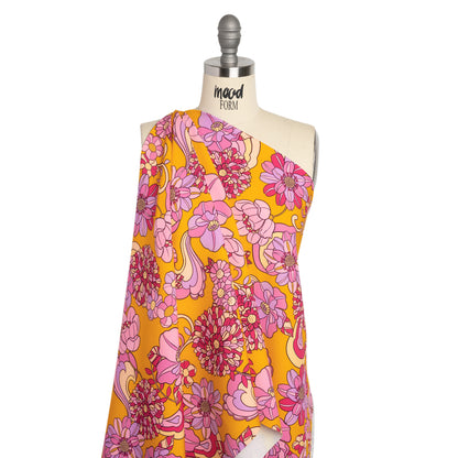 Stretch Polyester Woven Print - Mustart Yellow and Pink Retro Floral - Mood Exclusive Carnation Creative Drape