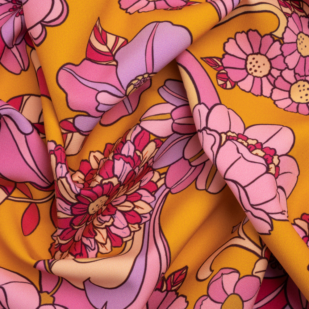 Stretch Polyester Woven Print - Mustart Yellow and Pink Retro Floral - Mood Exclusive Carnation Creative