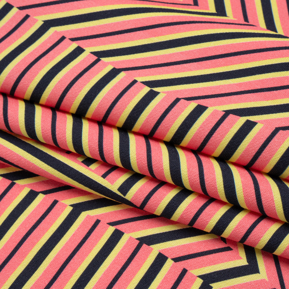 Stretch Cotton Twill Print - Pink, Yellow and Black Broken Stripes - Mood Exclusive Outta Line Folded