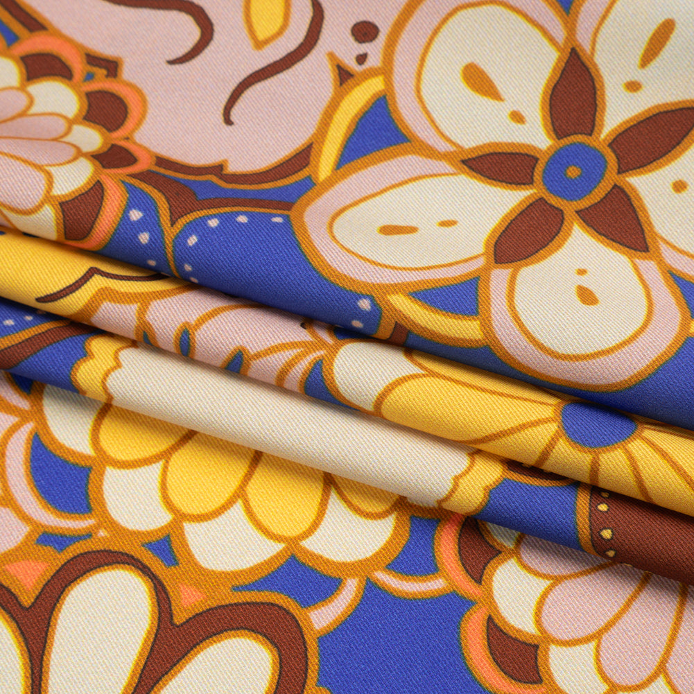Recycled Polyester Twill Print - Yellow, Blue and Brown Floral - Mood Exclusive Confectioner's Crocus Folded