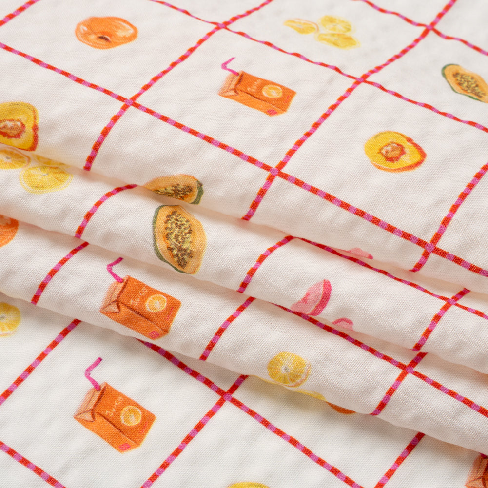 Cotton and Viscose Striped Seersucker Print - White Windowpane Checks and Fruit - Mood Exclusive Fruit Juice Jackpot Folded