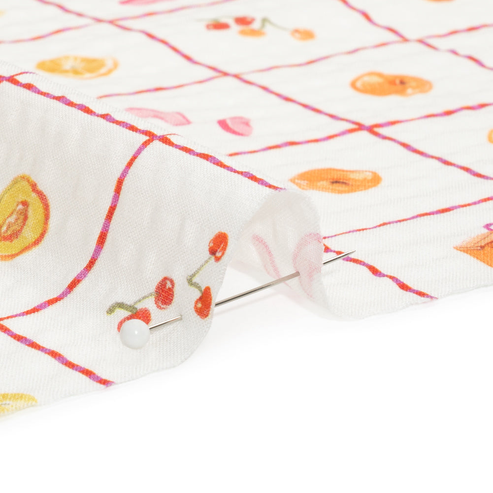 Cotton and Viscose Striped Seersucker Print - White Windowpane Checks and Fruit - Mood Exclusive Fruit Juice Jackpot Detail