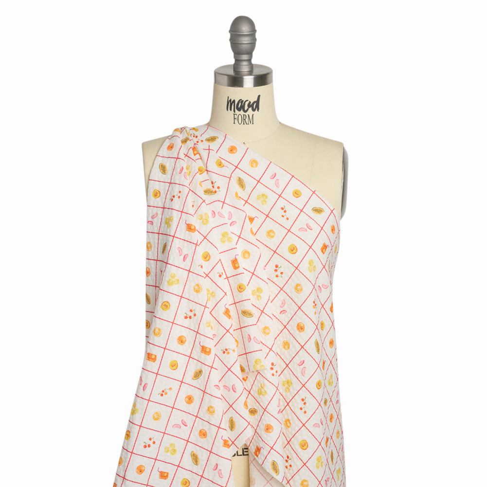 Cotton and Viscose Striped Seersucker Print - White Windowpane Checks and Fruit - Mood Exclusive Fruit Juice Jackpot Drape