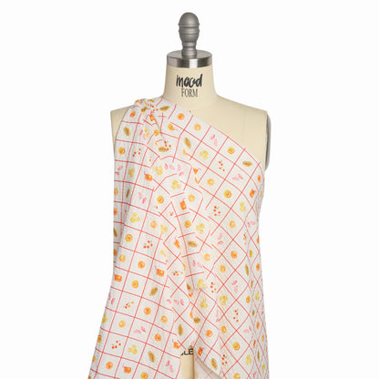 Cotton and Viscose Striped Seersucker Print - White Windowpane Checks and Fruit - Mood Exclusive Fruit Juice Jackpot Drape