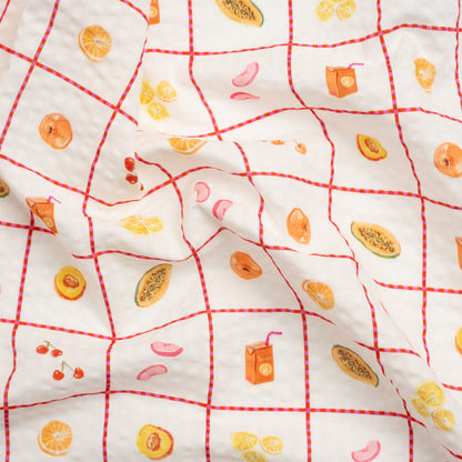 Cotton and Viscose Striped Seersucker Print - White Windowpane Checks and Fruit - Mood Exclusive Fruit Juice Jackpot