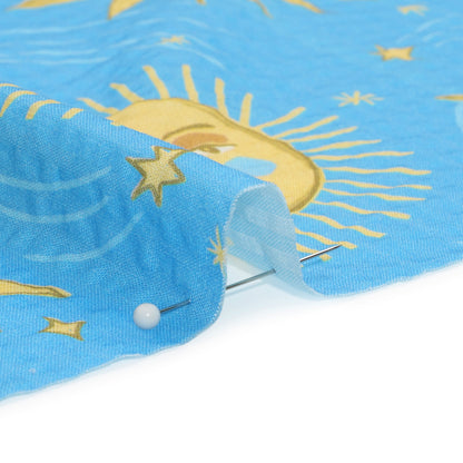 Cotton and Viscose Striped Seersucker Print - Sky Blue Suns and Moons - Mood Exclusive Friendly Faces Detail