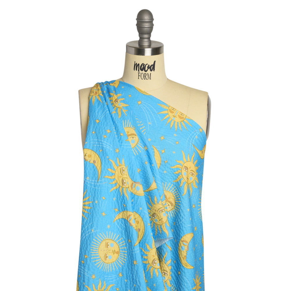 Cotton and Viscose Striped Seersucker Print - Sky Blue Suns and Moons - Mood Exclusive Friendly Faces Drape