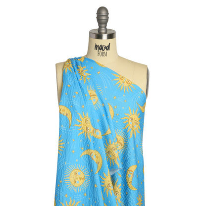 Cotton and Viscose Striped Seersucker Print - Sky Blue Suns and Moons - Mood Exclusive Friendly Faces Drape