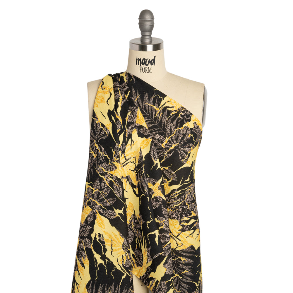Linen and Rayon Woven Print - Black and Yellow Floral - Mood Exclusive Fossilized Memories Drape