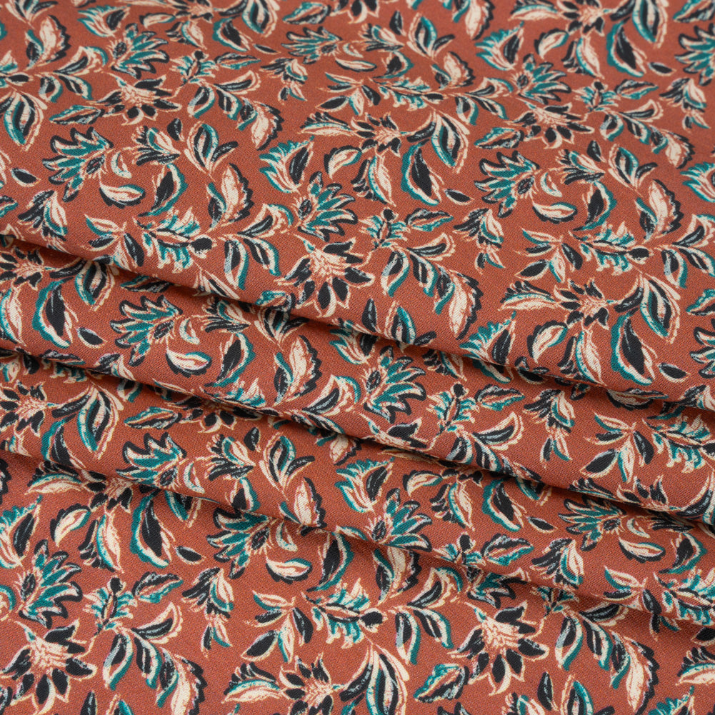 Cotton Poplin Print - Burnt Orange and Teal Leaves - Mood Exclusive Cranberry Corral - Folded
