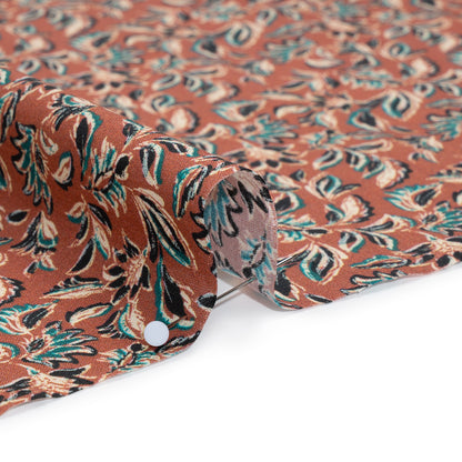 Cotton Poplin Print - Burnt Orange and Teal Leaves - Mood Exclusive Cranberry Corral