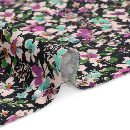 Stretch Cotton and Viscose Sateen Print - Magenta, Baby Blue and Green Floral - Mood Exclusive Meandering at Midnight Folded