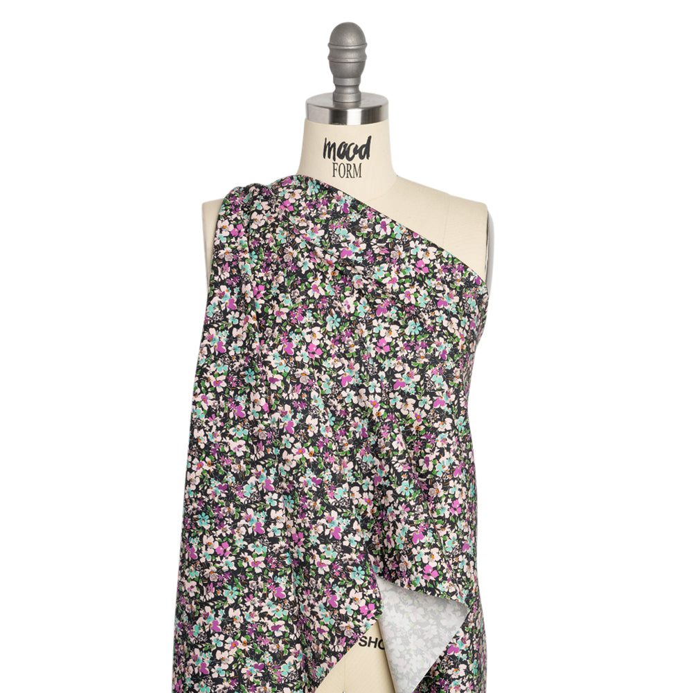Stretch Cotton and Viscose Sateen Print - Magenta, Baby Blue and Green Floral - Mood Exclusive Meandering at Midnight Detail