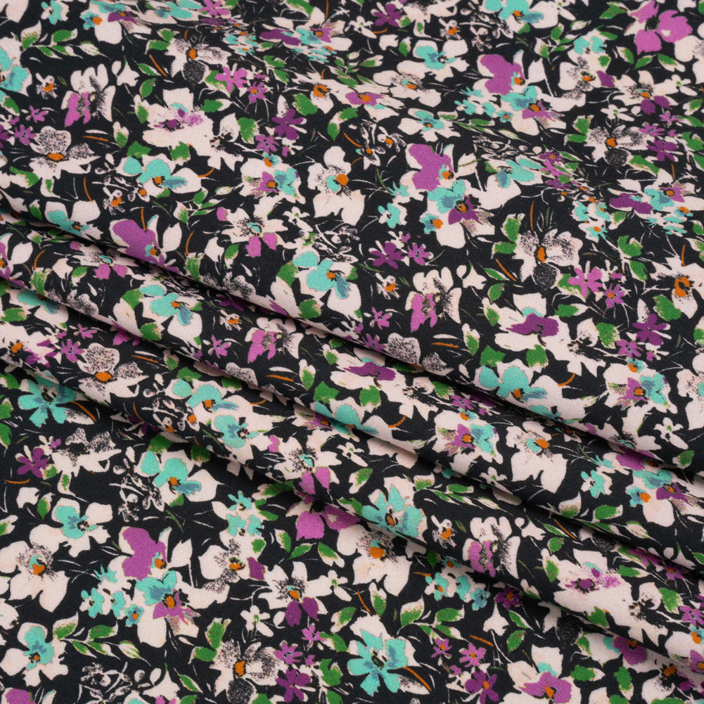 Stretch Cotton and Viscose Sateen Print - Magenta, Baby Blue and Green Floral - Mood Exclusive Meandering at Midnight Full
