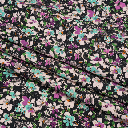 Stretch Cotton and Viscose Sateen Print - Magenta, Baby Blue and Green Floral - Mood Exclusive Meandering at Midnight Full