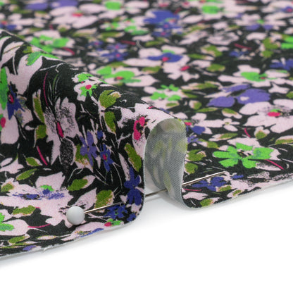 Stretch Cotton and Viscose Sateen Print - Indigo, Lime and Black Floral - Mood Exclusive Meandering at Midnight Folded