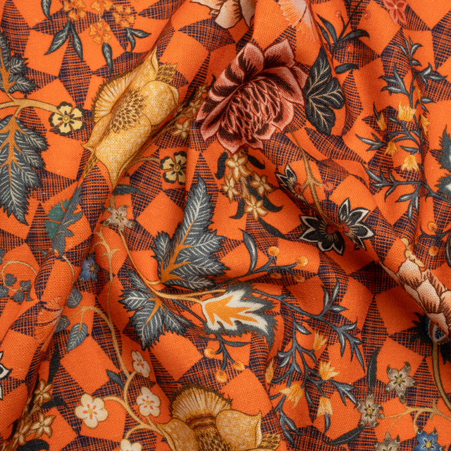 Linen and Rayon Woven Print - Orange and Blue Diamonds and Flowers - Mood Exclusive Rattan Roses