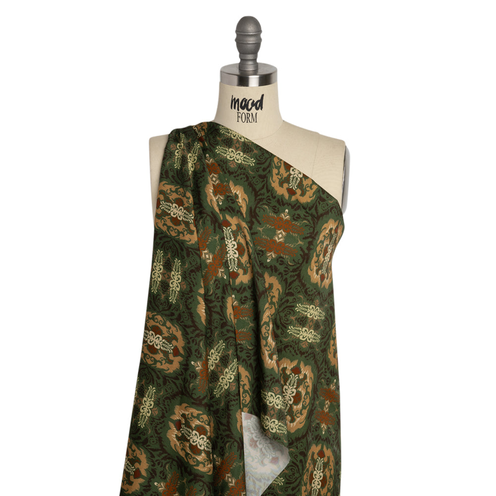 Viscose Twill Print - Green and Tan Leafy Ikat Medallions - Mood Exclusive Acacia Arena Detail