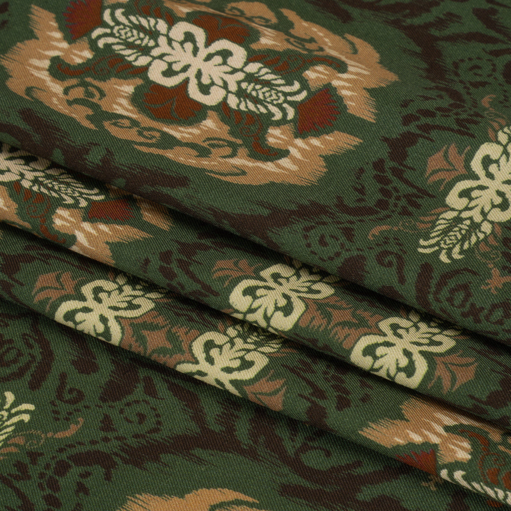 Viscose Twill Print - Green and Tan Leafy Ikat Medallions - Mood Exclusive Acacia Arena Full