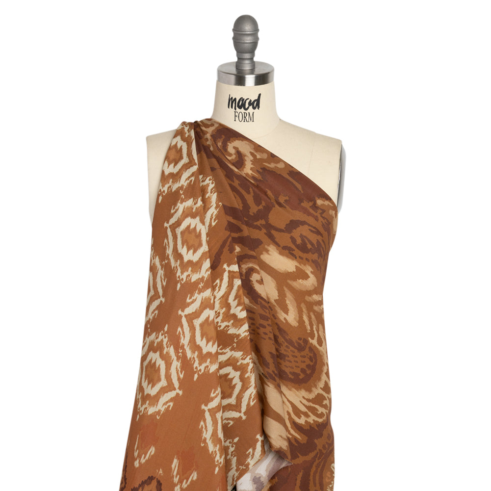 Sustainable Viscose Crepe Print - Brown and Beige Ikat Abstract - Mood Exclusive Woodgrain Test Detail