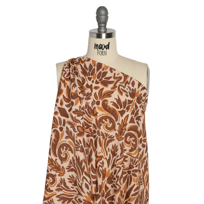 Sustainable Viscose Crepe Print - Beige, Burgundy and Orange Floral Damask - Mood Exclusive Pieces into Place Drape