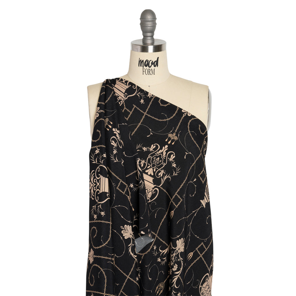 Sustainable Viscose Crepe Print - Black and Cream Flower Vases - Mood Exclusive Persephone's Treasures Drape