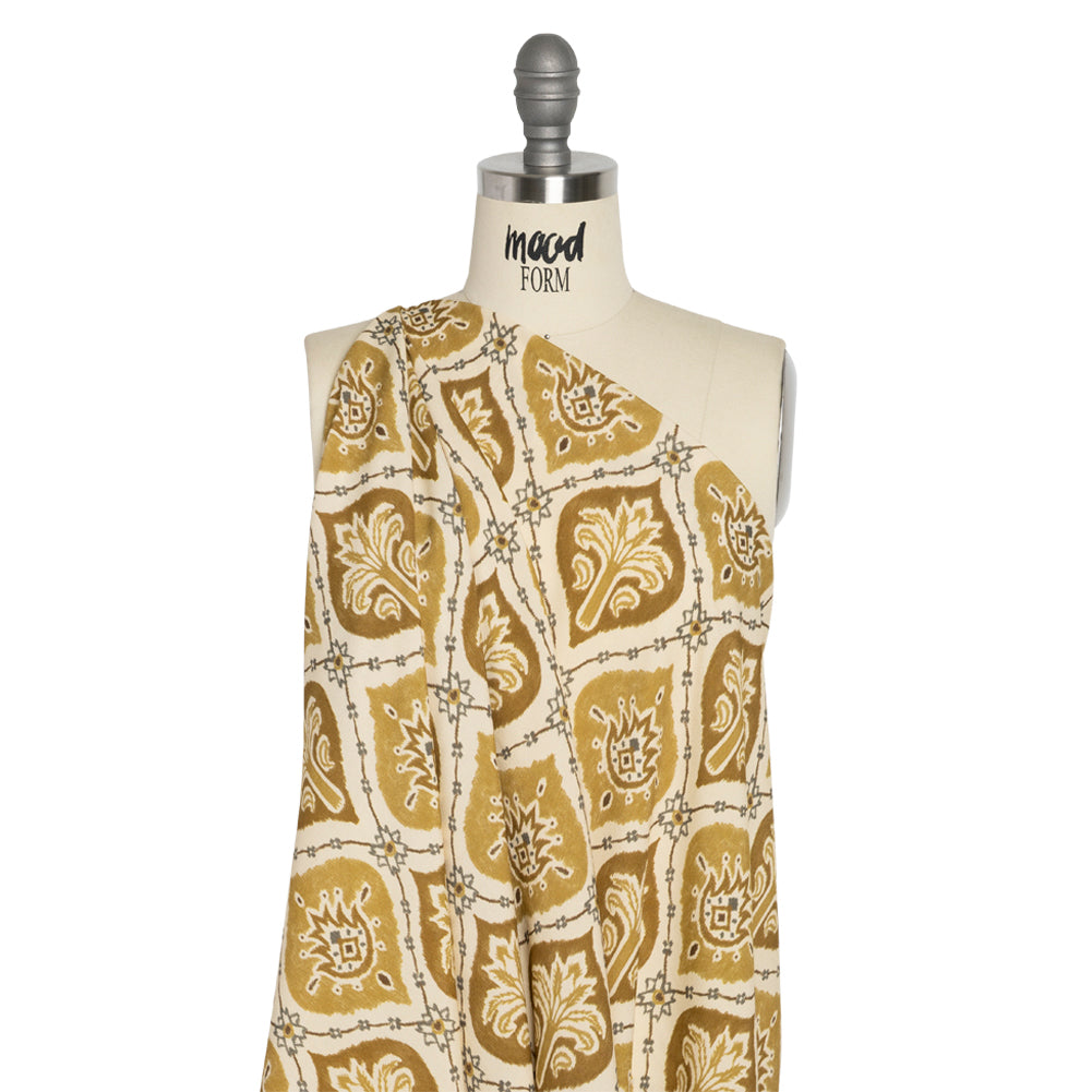 Sustainable Viscose Crepe Print - Golden Olive and Beige Floral Ogees - Mood Exclusive Salem Surroundings Drape