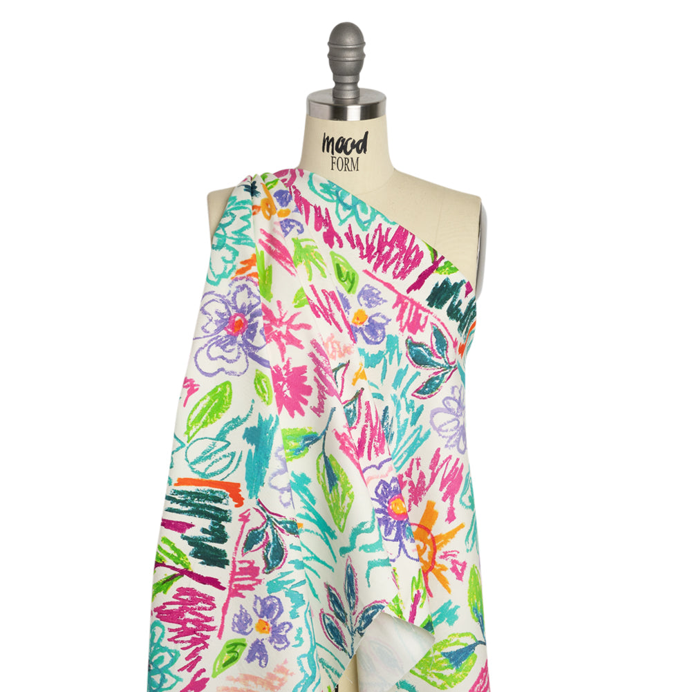 Stretch Cotton Canvas Print - White and Rainbow Crayon Flowers - Mood Exclusive Inner Child Drape