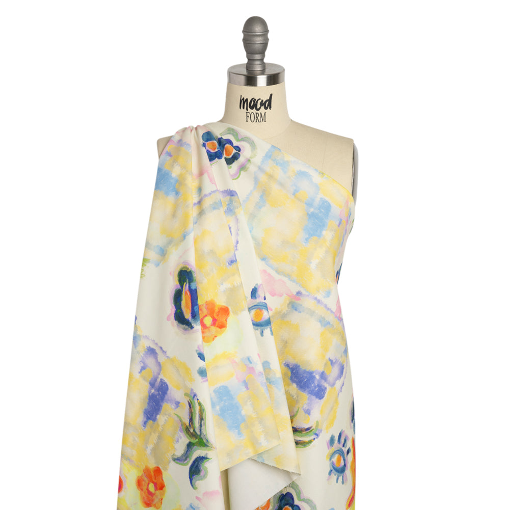 Stretch Cotton Canvas Print - White and Yellow Painterly Floral - Mood Exclusive Step One Drape