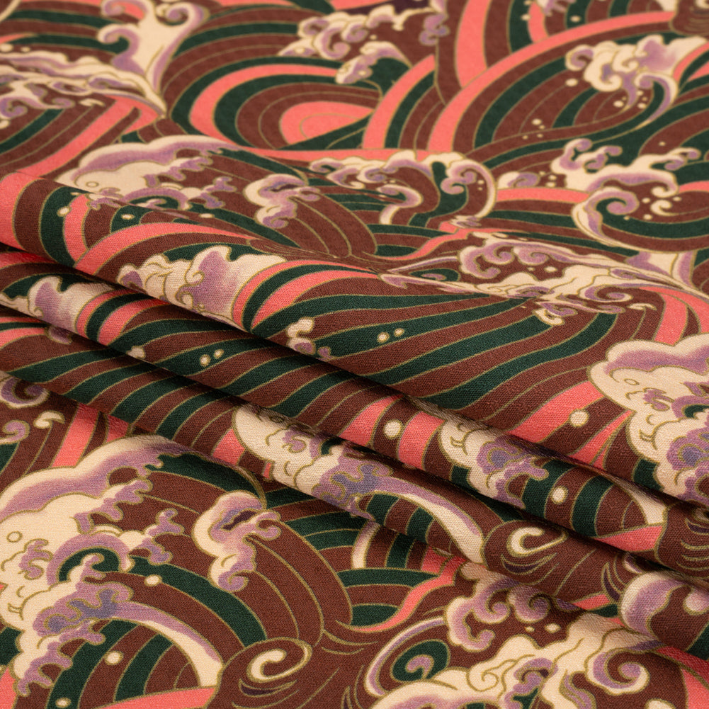Sustainable Viscose Floral Jacquard Print - Pink, Green and Brown Striped Waves - Mood Exclusive Hokusai Hymnal Folded