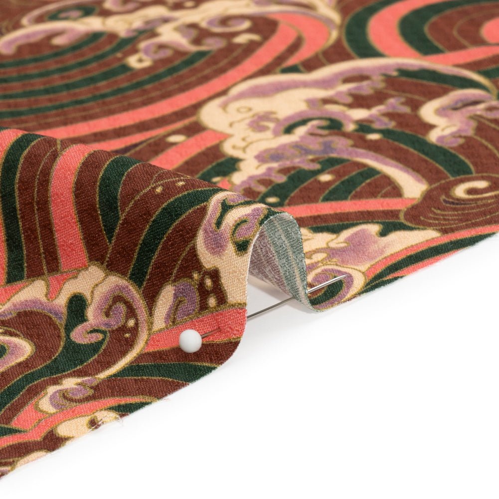 Sustainable Viscose Floral Jacquard Print - Pink, Green and Brown Striped Waves - Mood Exclusive Hokusai Hymnal Detail
