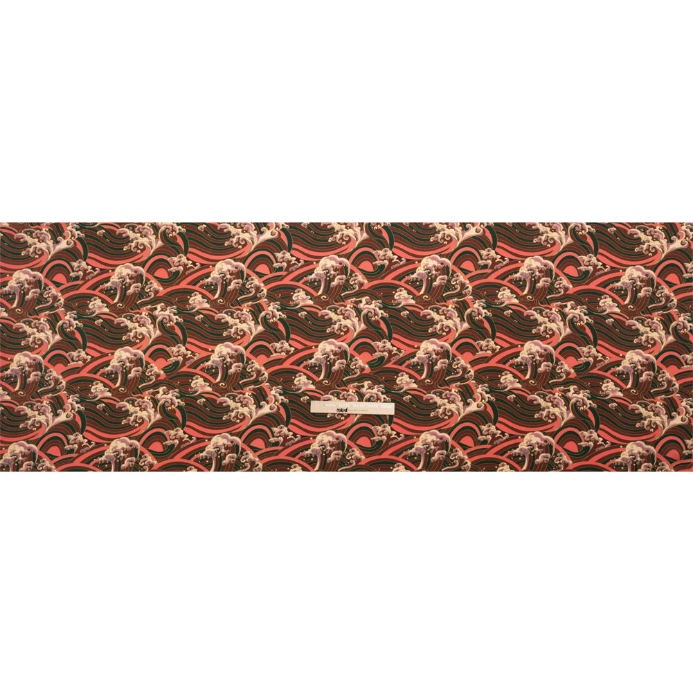 Sustainable Viscose Floral Jacquard Print - Pink, Green and Brown Striped Waves - Mood Exclusive Hokusai Hymnal Full