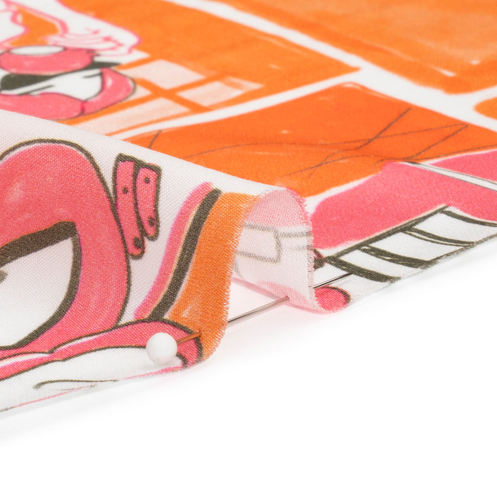 Sustainable and Recycled Viscose Satin Print - Orange and Pink Cafe Snapshots Patchwork - Mood Exclusive Italian Afternoon Folded