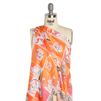 Sustainable and Recycled Viscose Satin Print - Orange and Pink Cafe Snapshots Patchwork - Mood Exclusive Italian Afternoon Detail