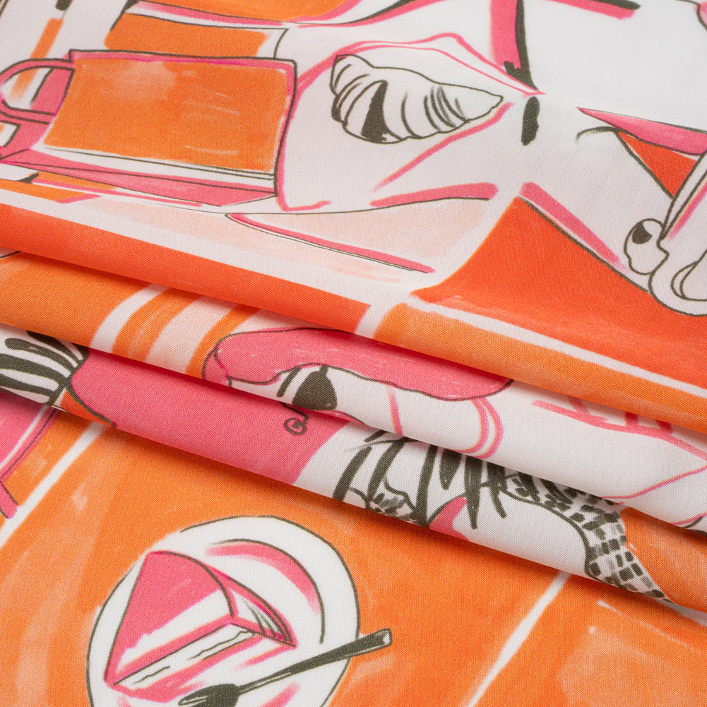 Sustainable and Recycled Viscose Satin Print - Orange and Pink Cafe Snapshots Patchwork - Mood Exclusive Italian Afternoon Full