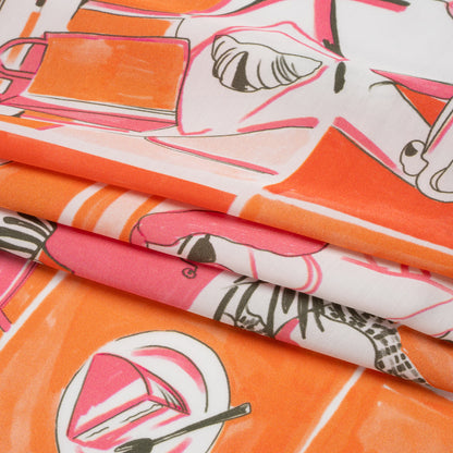 Sustainable and Recycled Viscose Satin Print - Orange and Pink Cafe Snapshots Patchwork - Mood Exclusive Italian Afternoon Full
